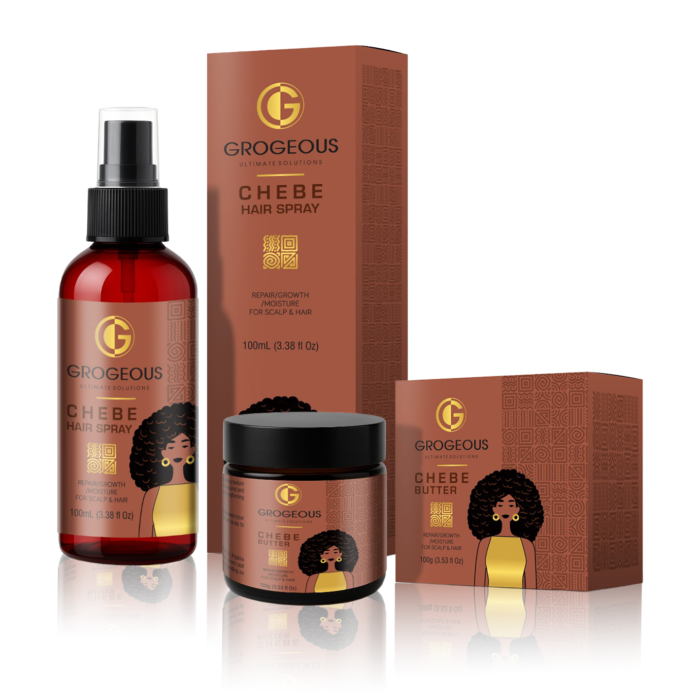 Grogeous Chebe hair care products including spray, butter, and cream