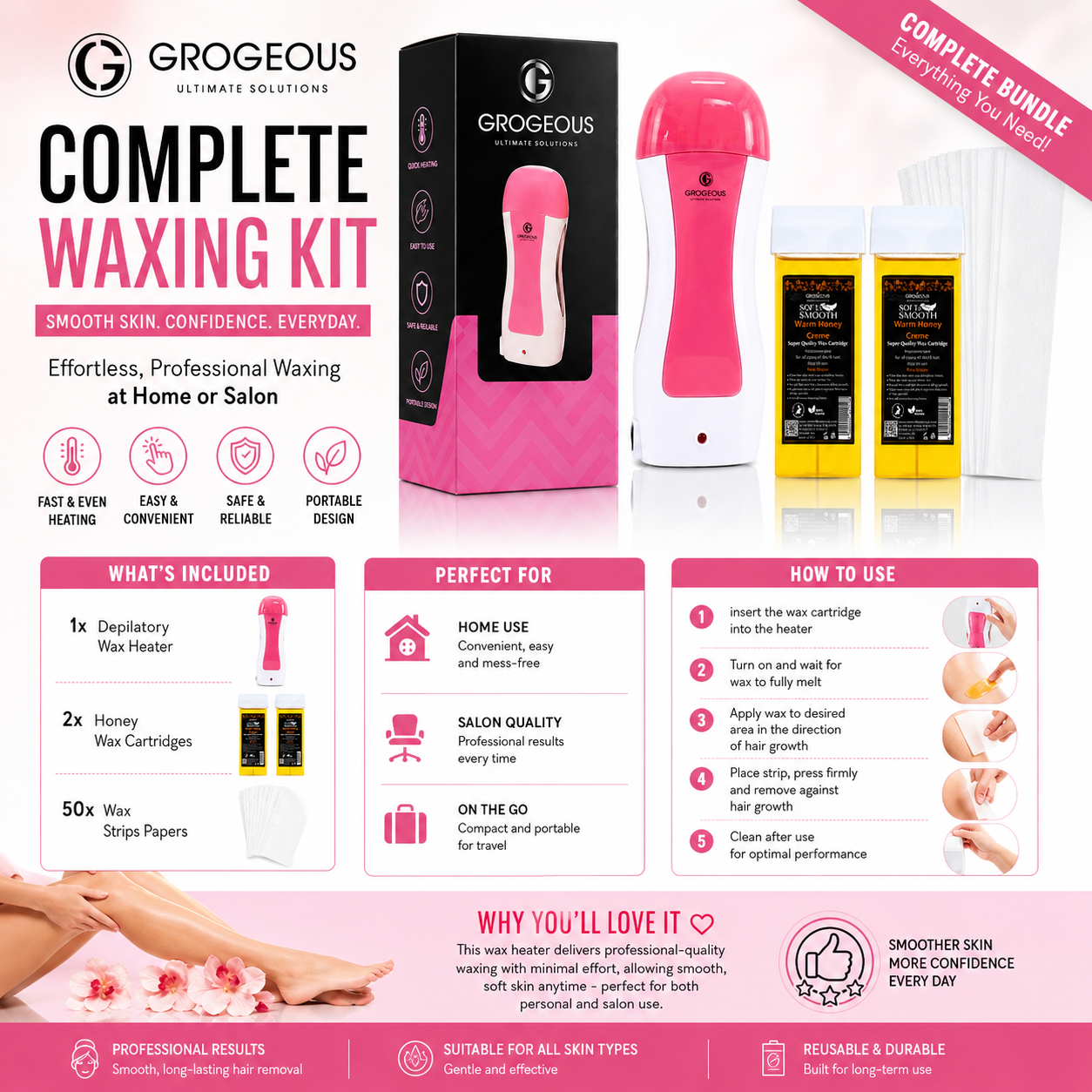 Grogeous Depilatory Wax Heater Full Kit- Professional Wax Warmer, Cartridges & Strips