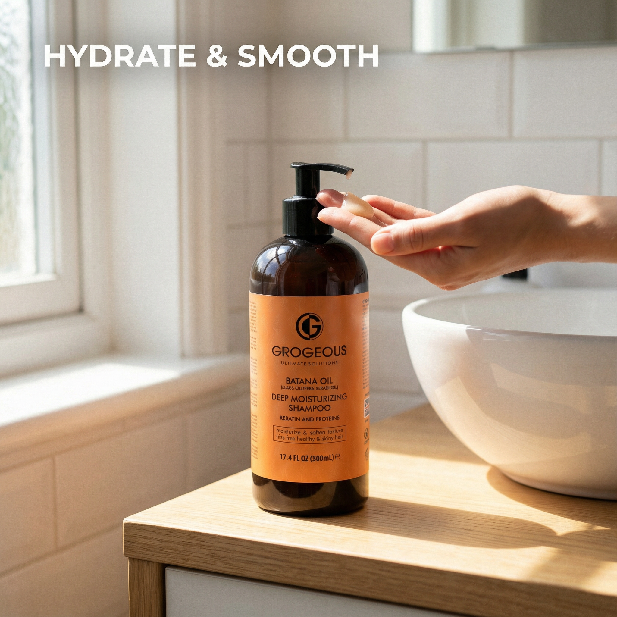 Bottle of Grogeous hair product on a bathroom counter with a hand touching the pump.
