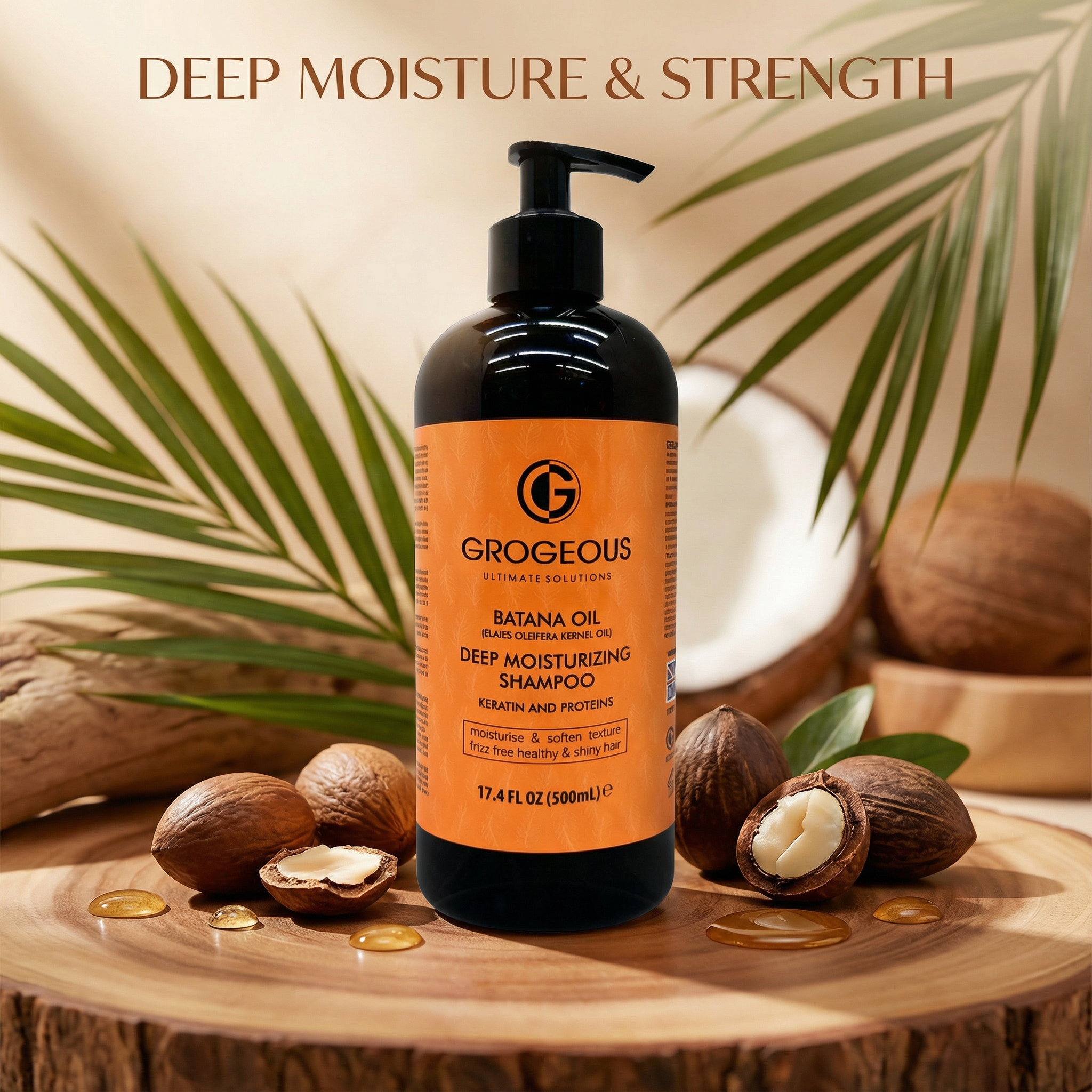 GROGEOUS shampoo bottle with ingredients on a wooden surface