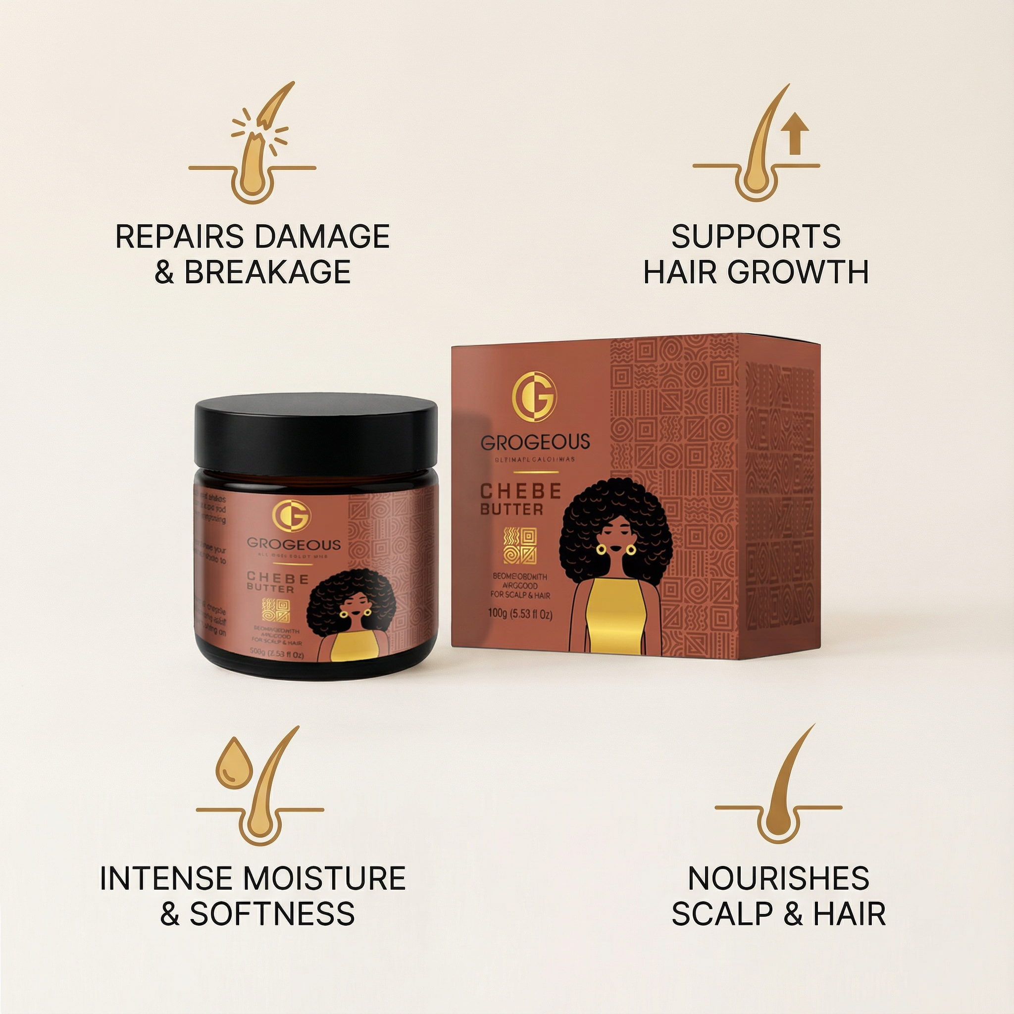 Grogeous Chebe Butter – Intensive Repair, Growth & Moisture Treatment for Scalp & Hair 100 g (3.53 fl oz)
