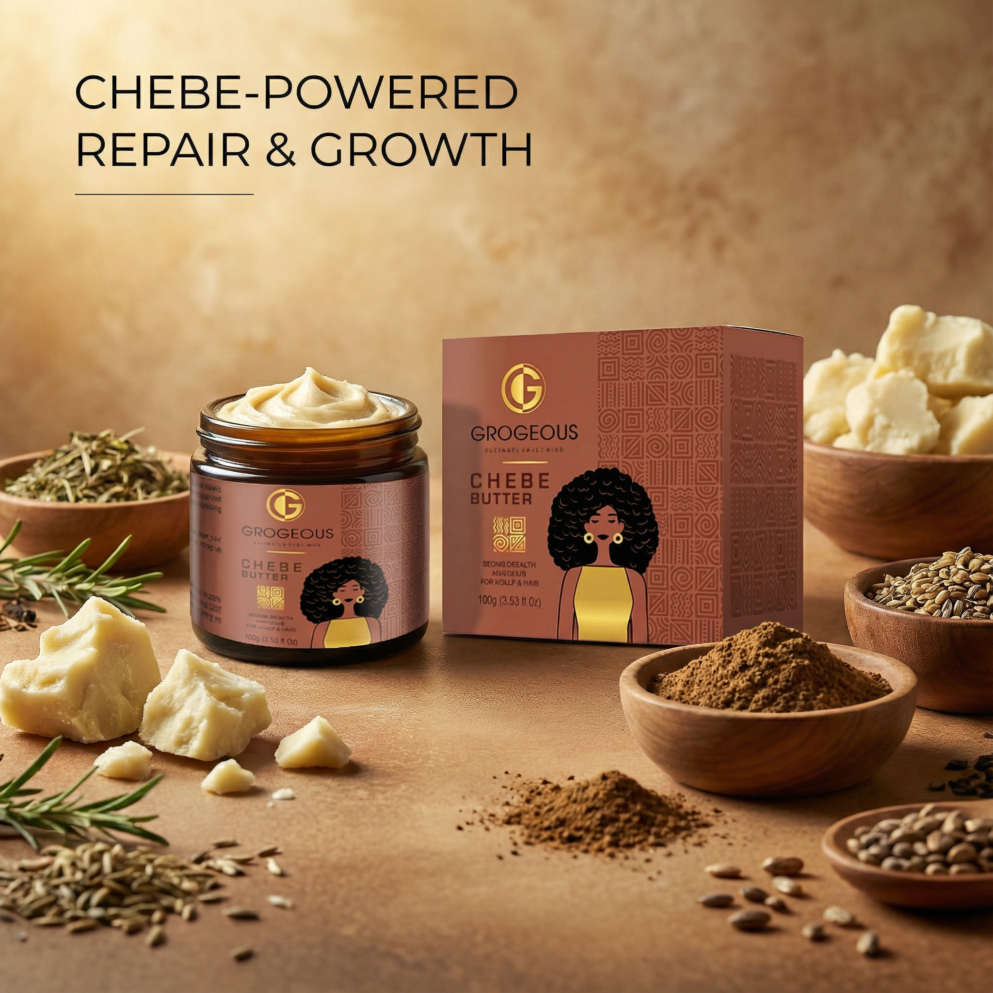 Grogeous Chebe Butter – Intensive Repair, Growth & Moisture Treatment for Scalp & Hair 100 g (3.53 fl oz)