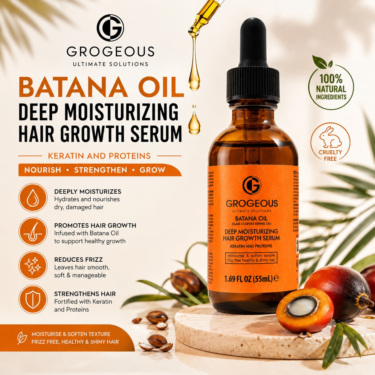 Groegous Batata Oil Deep Moisturizing Hair Growth Serum in an amber glass dropper bottle with an orange label, shown on a beige background with hair growth icons, ingredients, and fruit props.