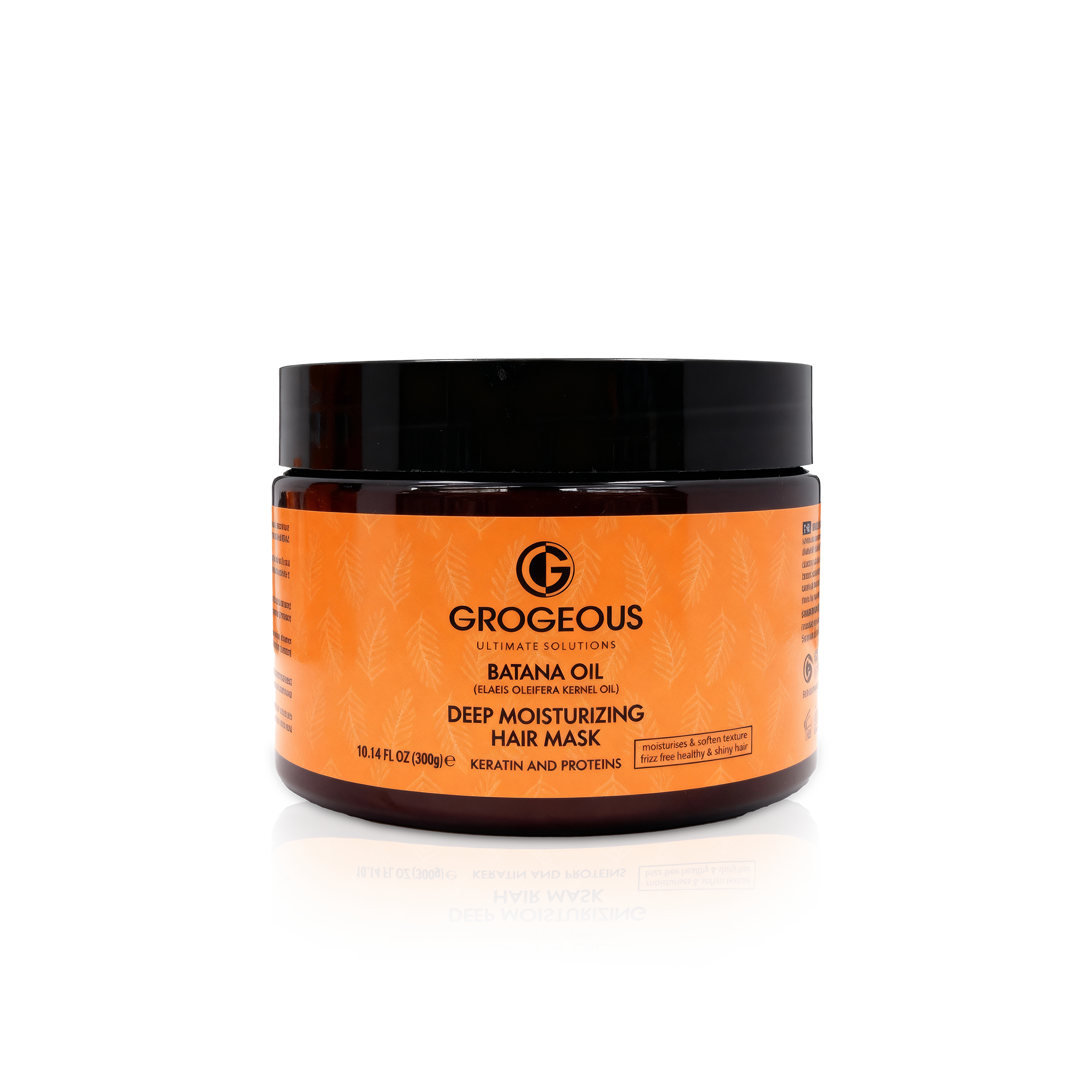 Orange jar of Grogeous deep moisturizing hair mask on a white background