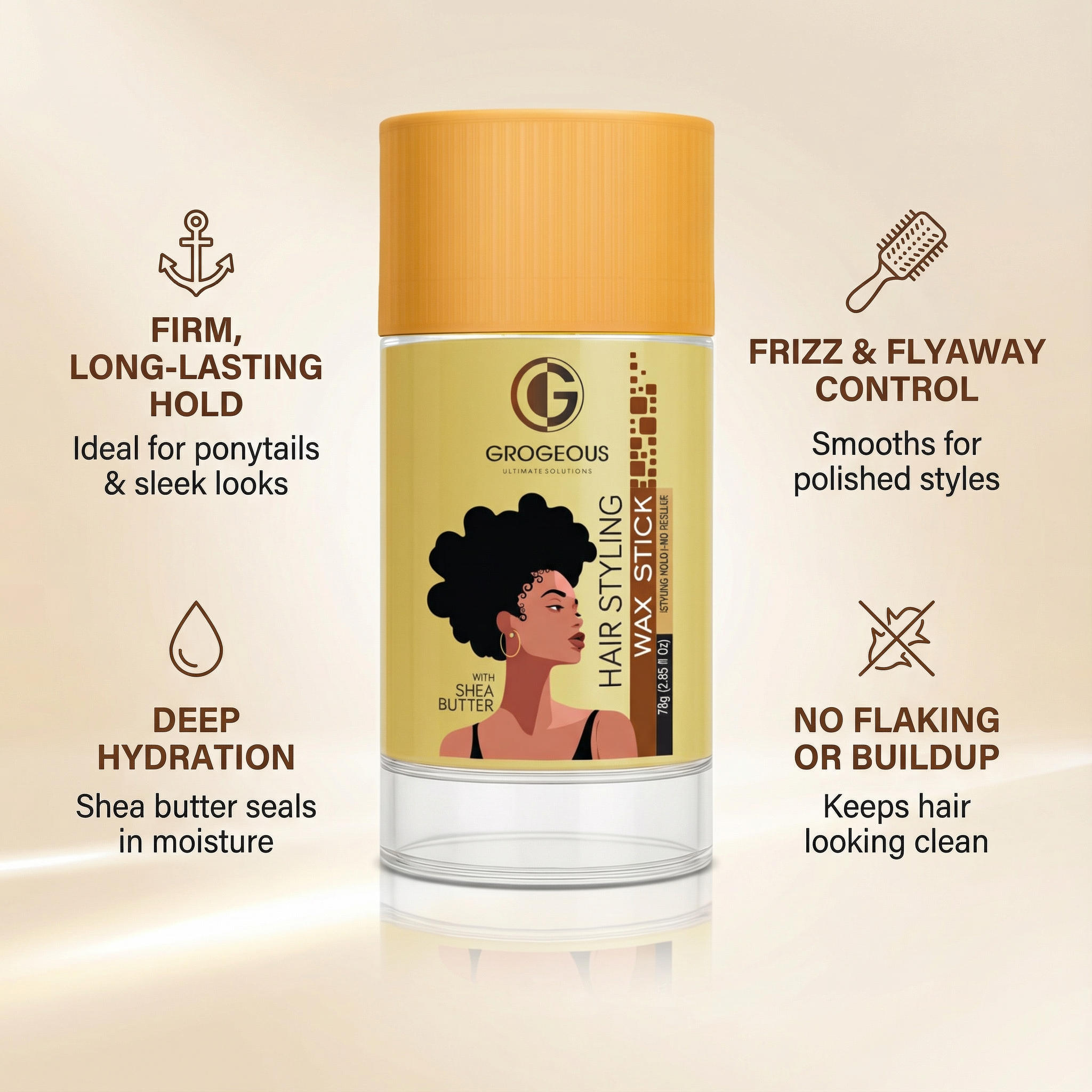 Grogeous Shea Butter Wax Stick - Firm Hold, Moisture & Frizz Control 75g (2.65 fl oz)